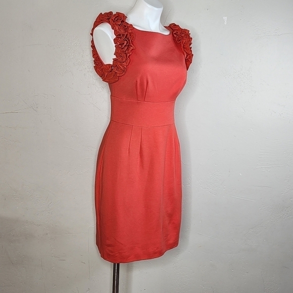 Trina Turk Coral Orange Midi Dress with Ruffle Sleeves Size 10 - Picture 3 of 13